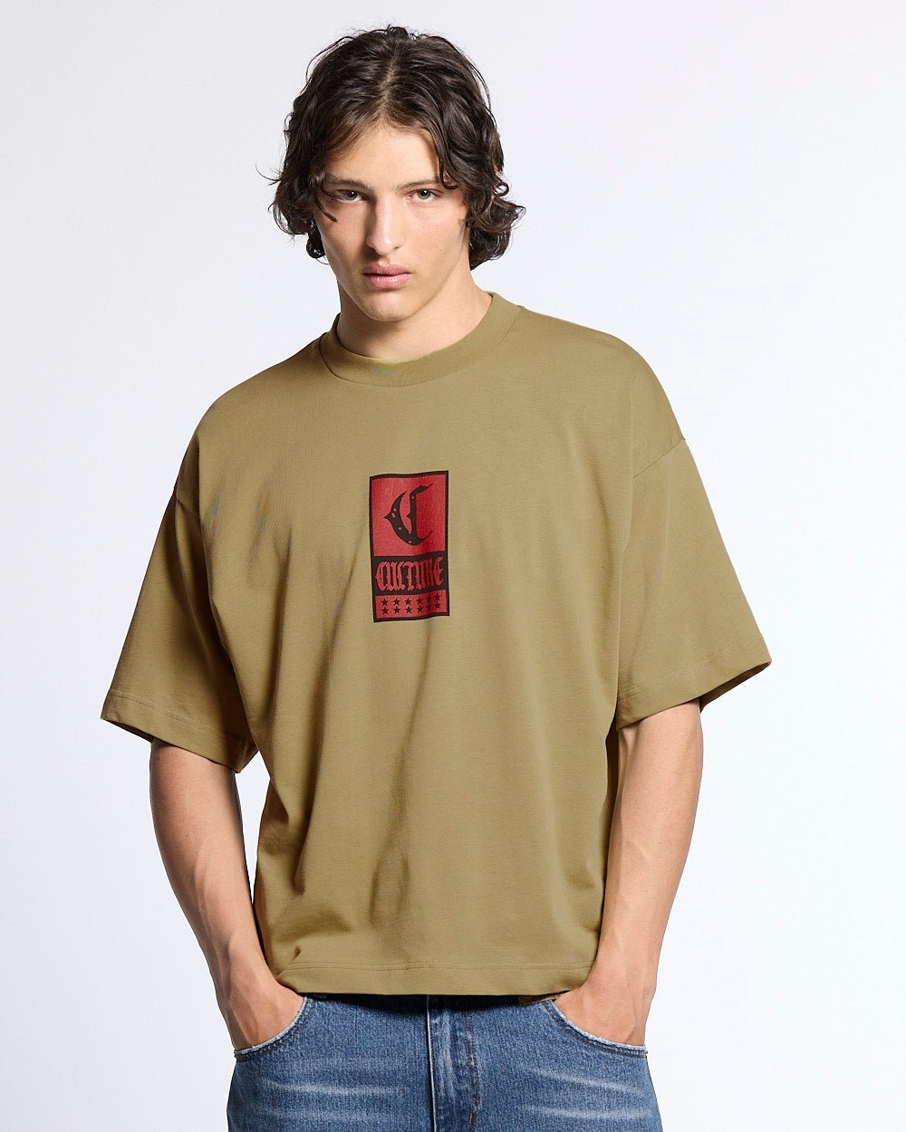 GOTHIC CURVED TEE GREEN - green gothic print tee, front view on male model - Cold Culture #man