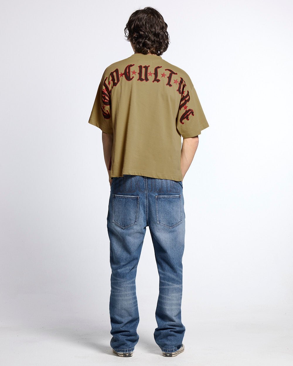 GOTHIC CURVED TEE GREEN - green gothic print tee, back view on male model - Cold Culture #man