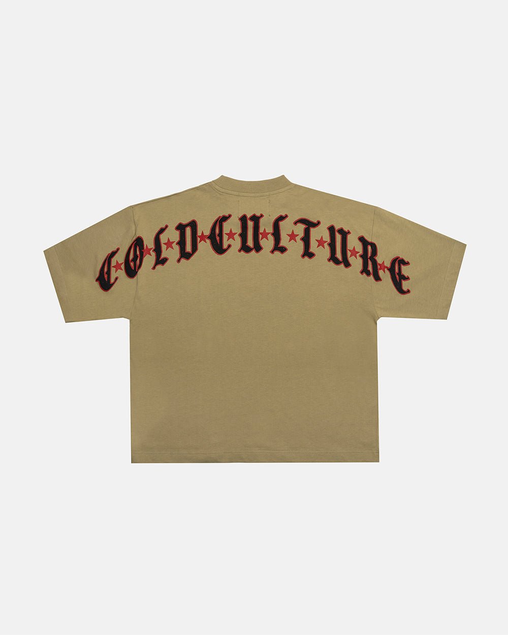 GOTHIC CURVED TEE GREEN - green gothic print tee, back view - Cold Culture #packshot