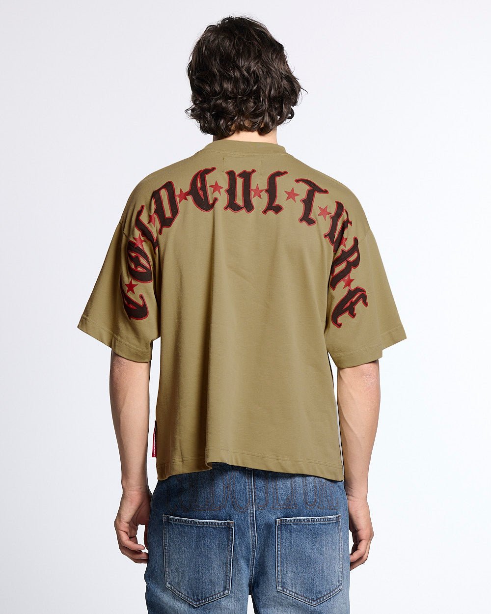 GOTHIC CURVED TEE GREEN - green gothic print tee, back view on male model - Cold Culture #man