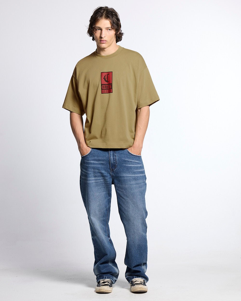 GOTHIC CURVED TEE GREEN - green gothic print tee, front view on male model - Cold Culture #man