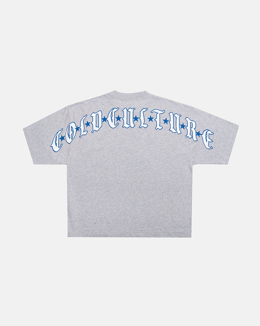 GOTHIC CURVED TEE GREY - grey gothic print tee, back view - Cold Culture #packshot