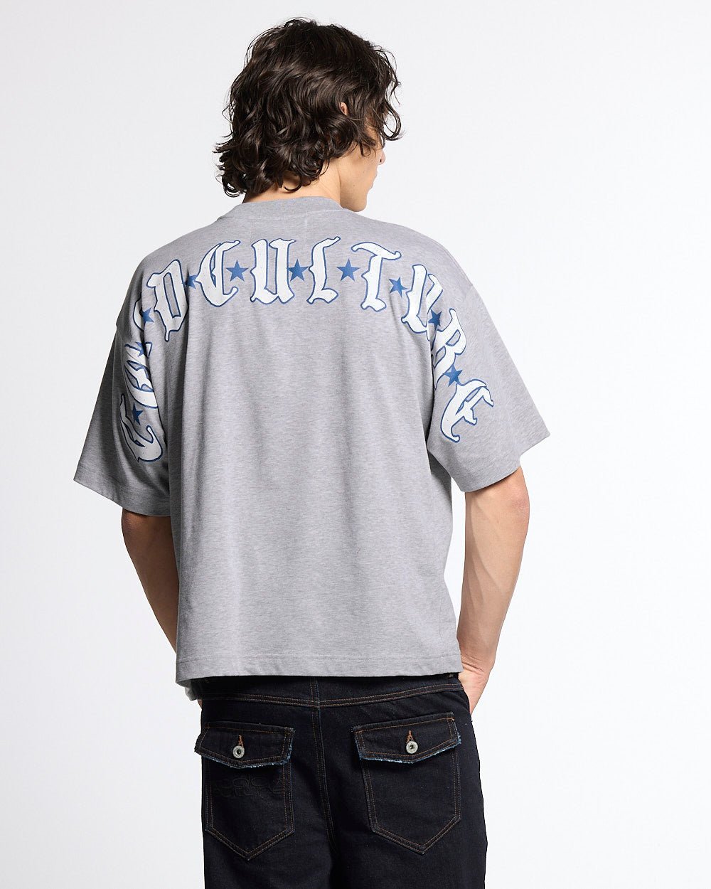 GOTHIC CURVED TEE GREY - grey gothic print tee, back view on male model - Cold Culture #man
