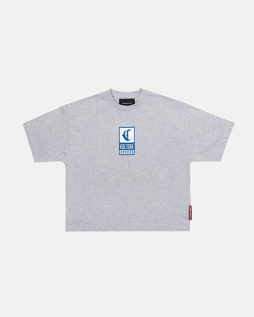 GOTHIC CURVED TEE GREY - grey gothic print tee, front view - Cold Culture #packshot