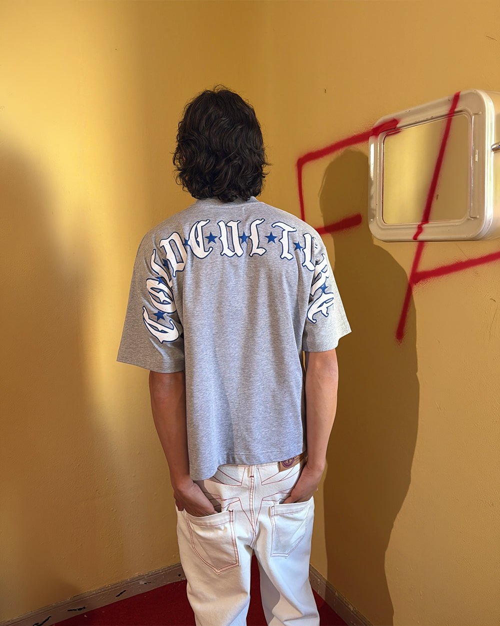 GOTHIC CURVED TEE GREY - grey gothic print tee, street style shot - Cold Culture