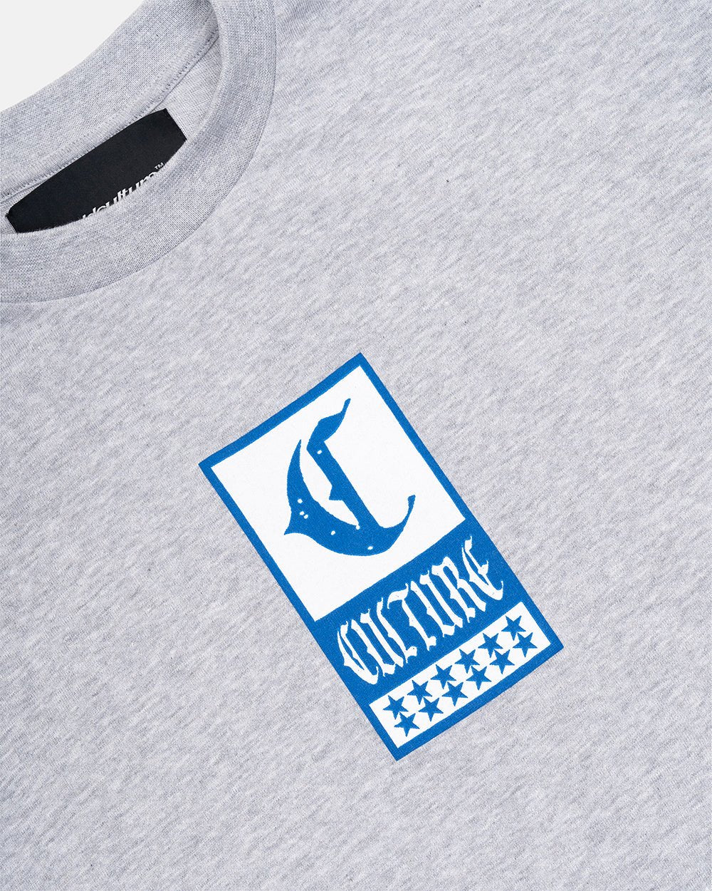 GOTHIC CURVED TEE GREY - grey gothic print tee, detail close-up - Cold Culture
