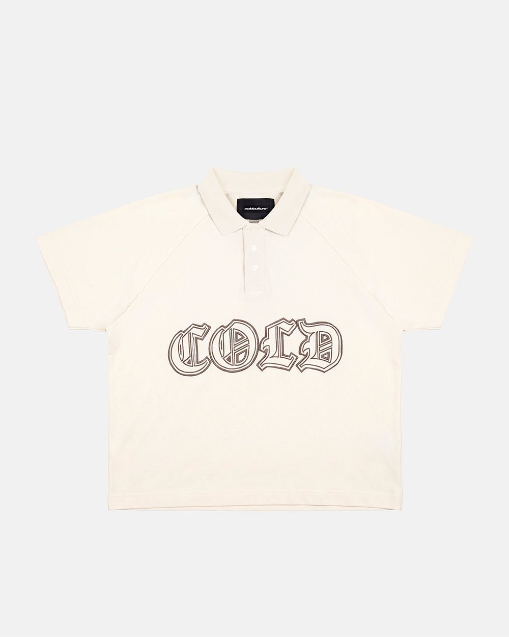 GOTHIC DISTRESSED POLO BEIGE - beige gothic print polo shirt, front view - Cold Culture #packshot