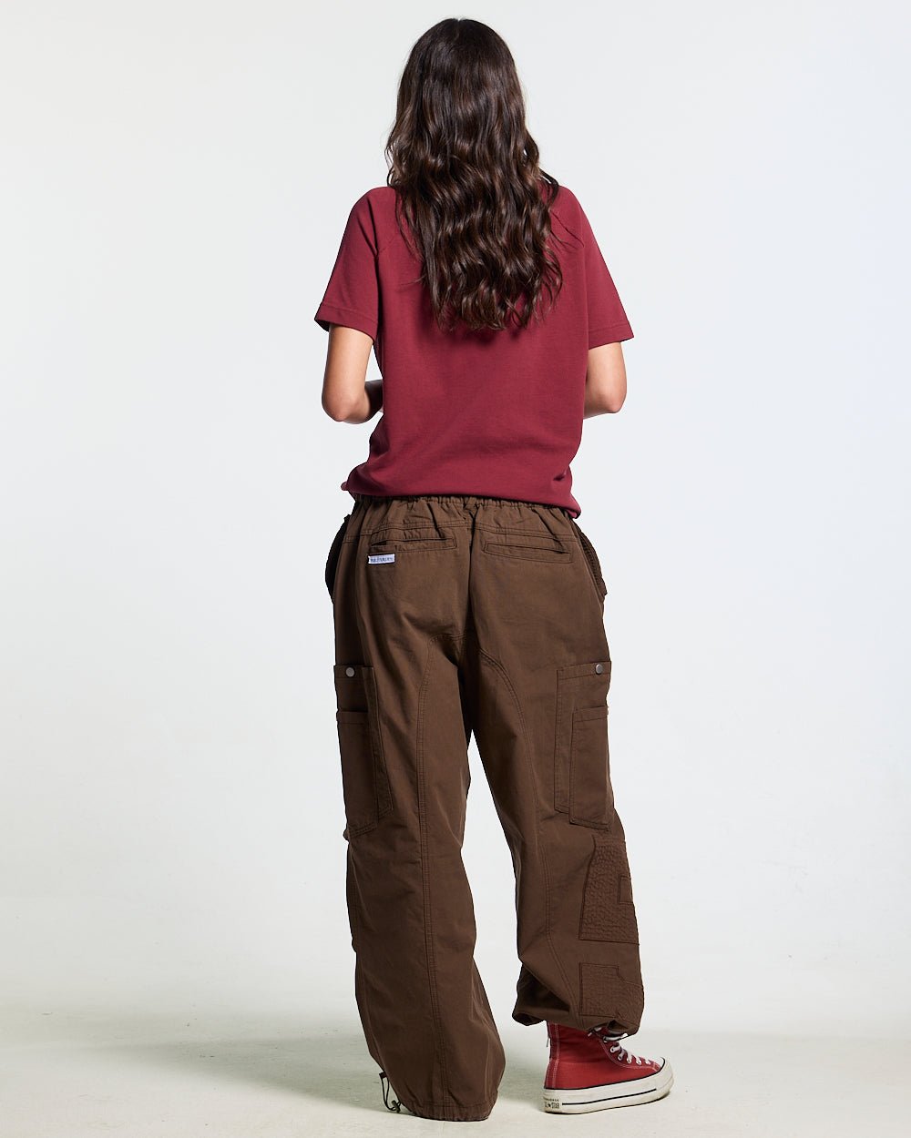GOTHIC DISTRESSED POLO BURGUNDY - burgundy gothic print polo shirt, back view on female model - Cold Culture #woman