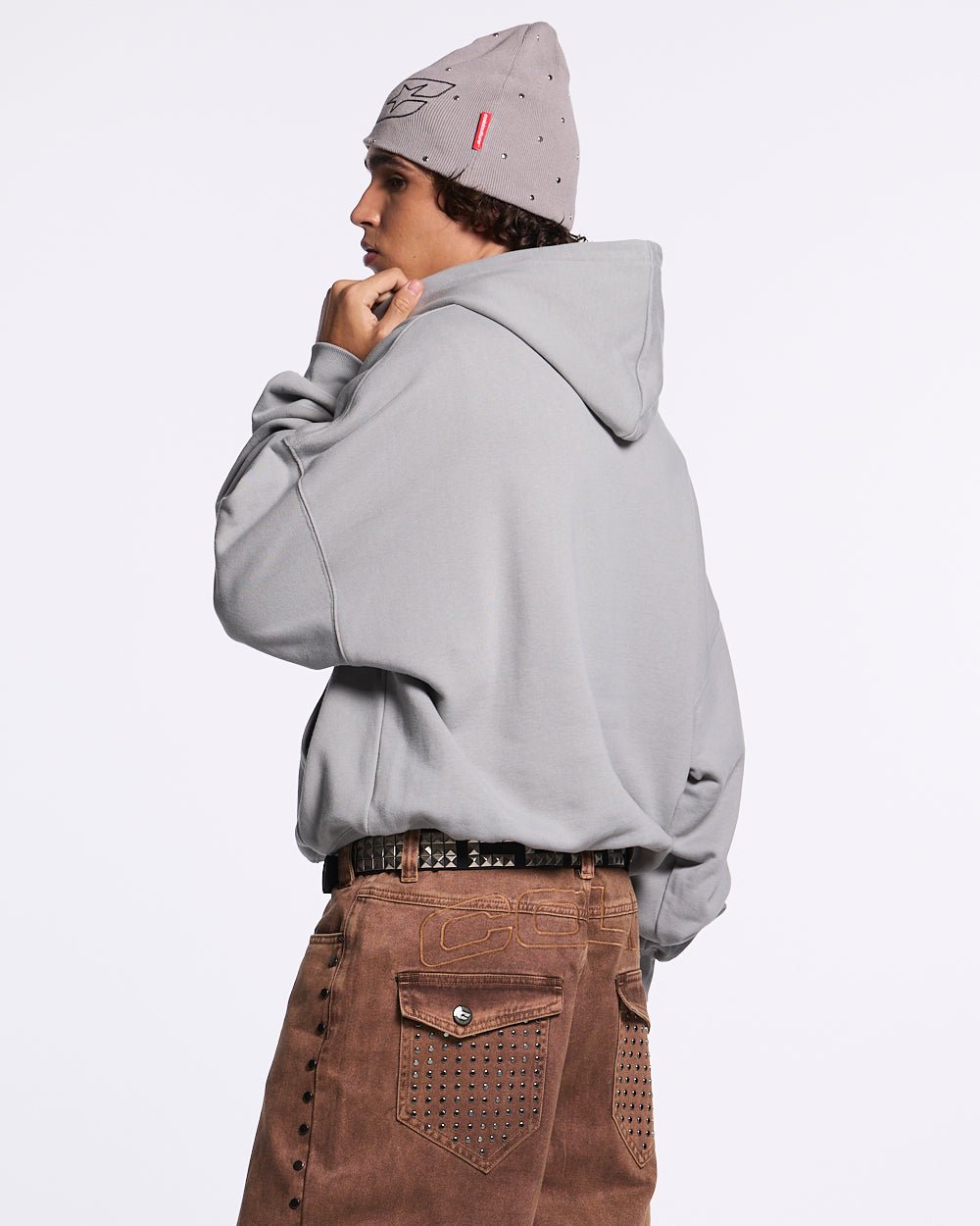 GRAFFITI HOODIE GREY - grey graphic print hoodie, back view on male model - Cold Culture #man