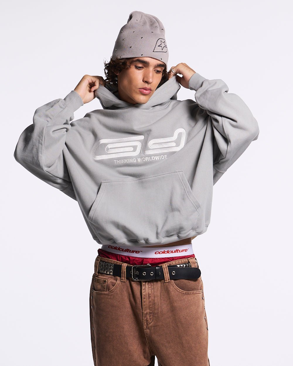 GRAFFITI HOODIE GREY - grey graphic print hoodie, front view on male model - Cold Culture #man