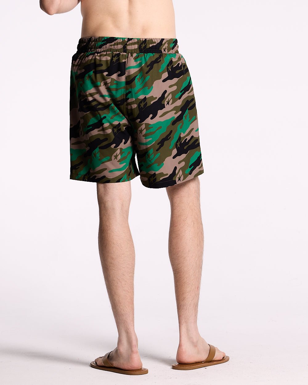 GREEN CAMO SWIM SHORT - green camo swim shorts, back view on male model - Cold Culture