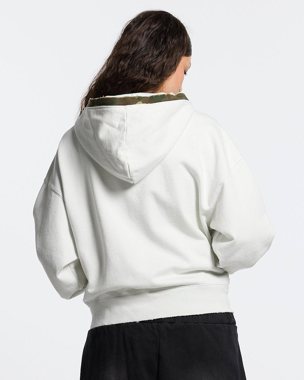 GREY OPS ZIP HOODIE LIGHT GREY - light grey camo trim zip-up hoodie, back view on female model - Cold Culture #woman