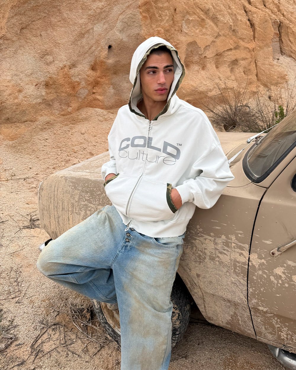 GREY OPS ZIP HOODIE LIGHT GREY - light grey camo trim zip-up hoodie, street style shot - Cold Culture