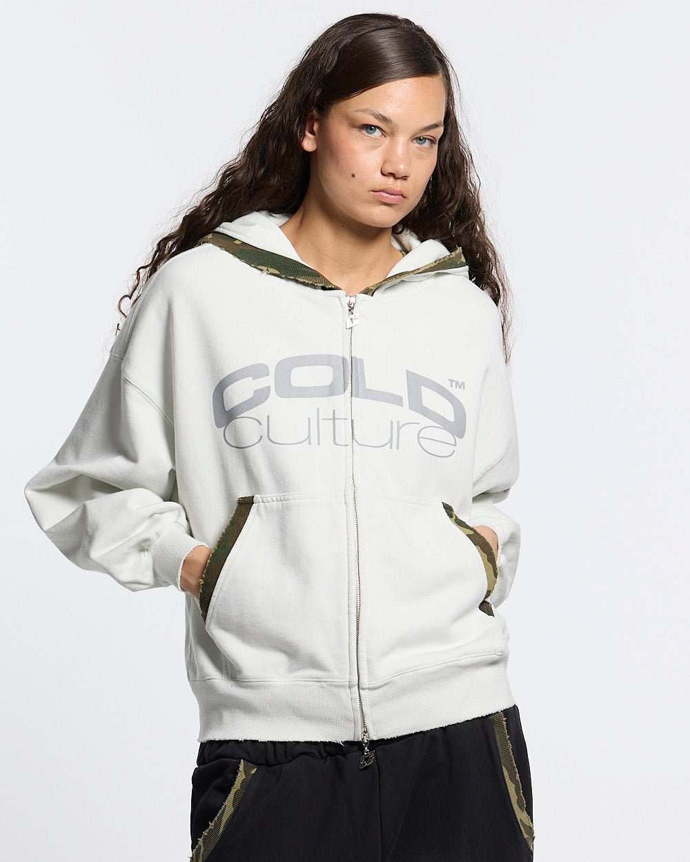 GREY OPS ZIP HOODIE LIGHT GREY - light grey camo trim zip-up hoodie, front view on female model - Cold Culture #woman