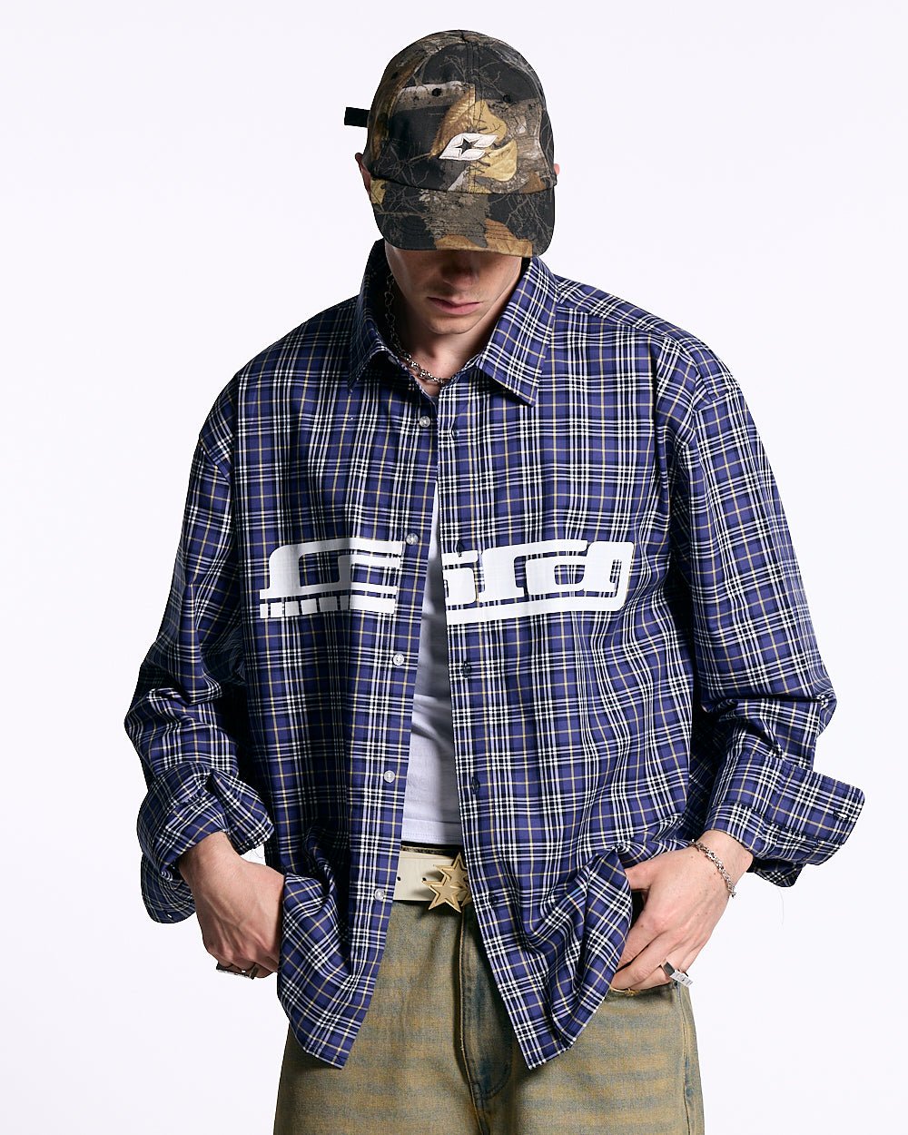 GRID SHIRT TARTAN DARK BLUE/GRAY - blue plaid long sleeve shirt, front view on male model - Cold Culture #man