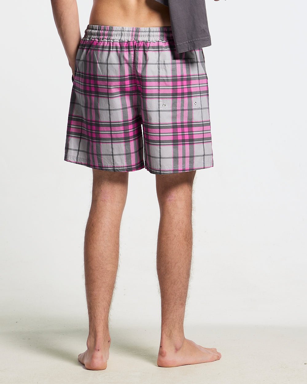 GRID SWIMSHORTS PINK - pink plaid swim shorts, worn detail - Cold Culture