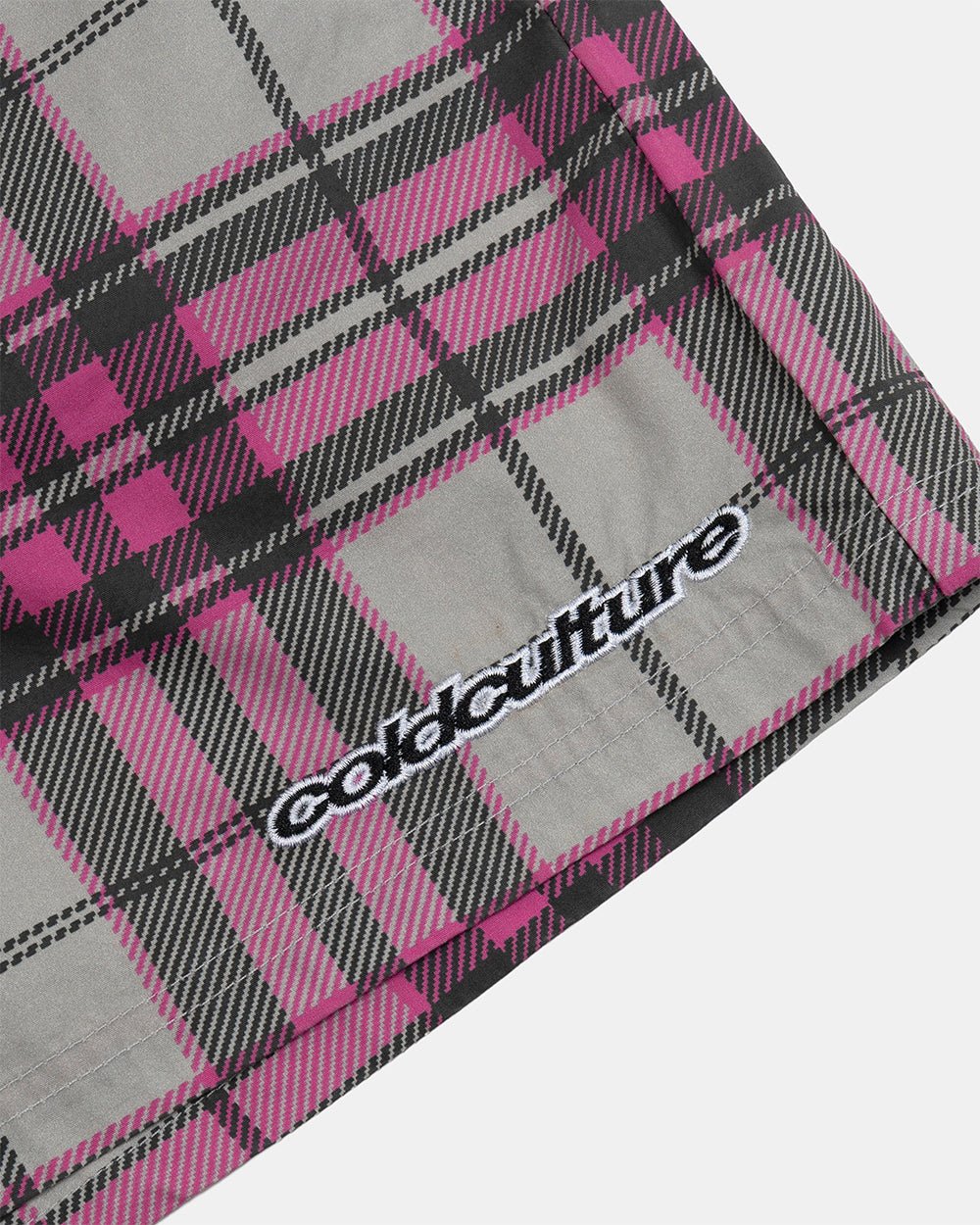 GRID SWIMSHORTS PINK - pink plaid swim shorts, detail close-up - Cold Culture
