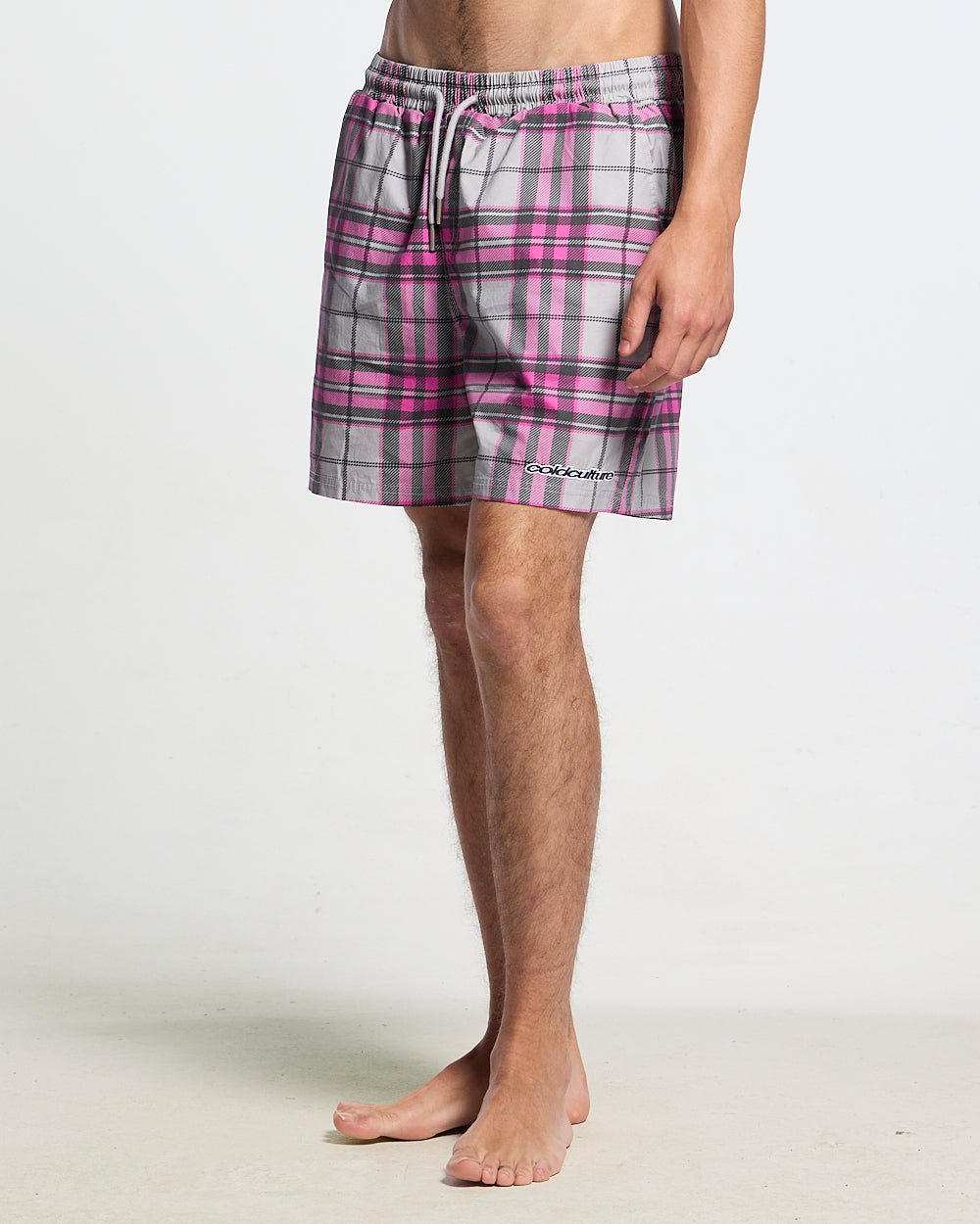 GRID SWIMSHORTS PINK - pink plaid swim shorts, worn detail - Cold Culture