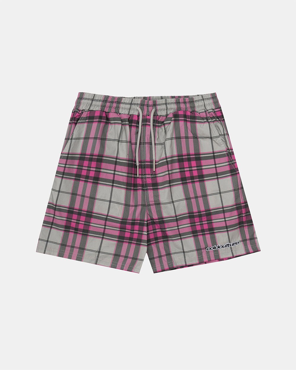 GRID SWIMSHORTS PINK - pink plaid swim shorts, front view - Cold Culture #packshot