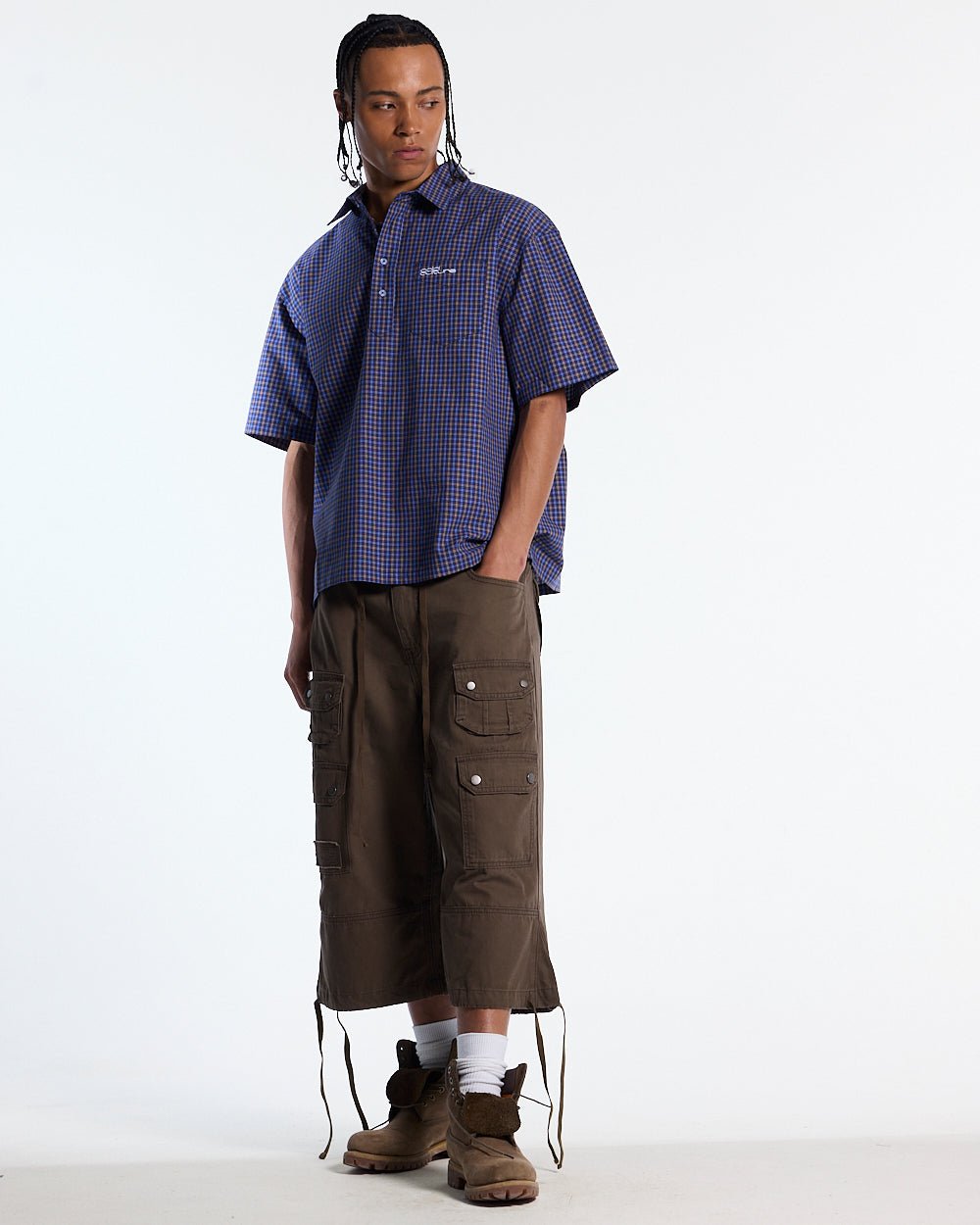 GRIZZLY SHIRT NAVY - navy check short sleeve shirt, front view on male model - Cold Culture #man