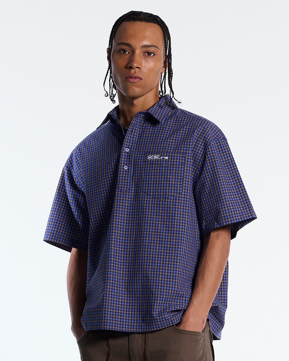 GRIZZLY SHIRT NAVY - navy check short sleeve shirt, front view on male model - Cold Culture #man