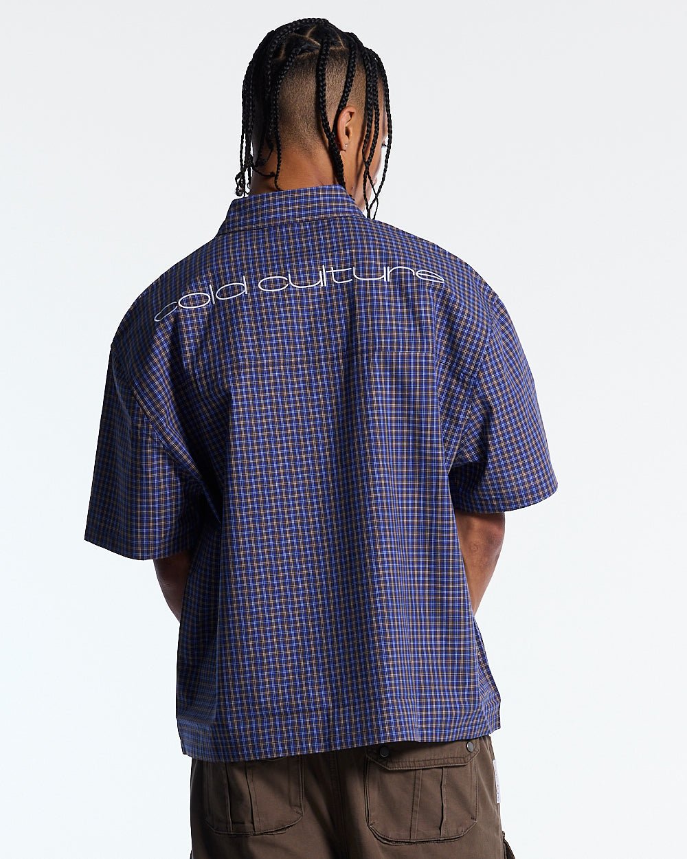 GRIZZLY SHIRT NAVY - navy check short sleeve shirt, back view on male model - Cold Culture #man