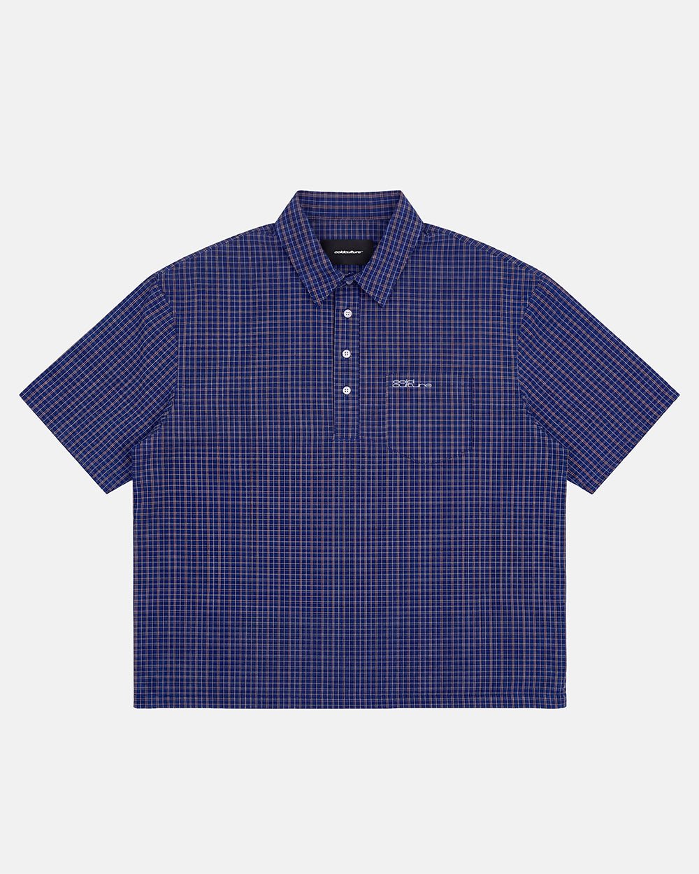 GRIZZLY SHIRT NAVY - navy check short sleeve shirt, front view - Cold Culture #packshot