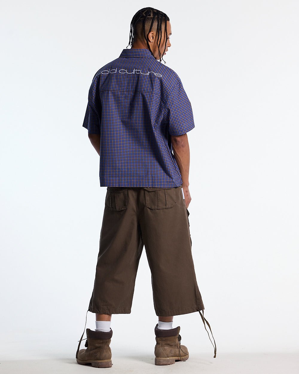 GRIZZLY SHIRT NAVY - navy check short sleeve shirt, back view on male model - Cold Culture #man