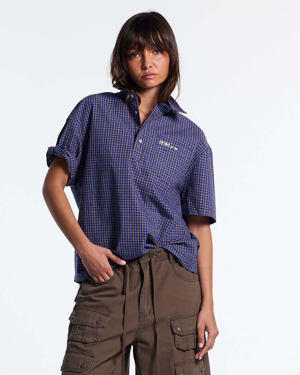 GRIZZLY SHIRT NAVY - navy check short sleeve shirt, front view on female model - Cold Culture #woman