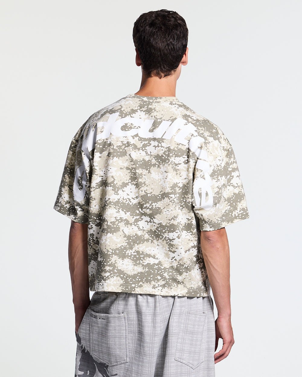GROUND CURVED TEE GREEN - green digital camo tee, back view on male model - Cold Culture #man
