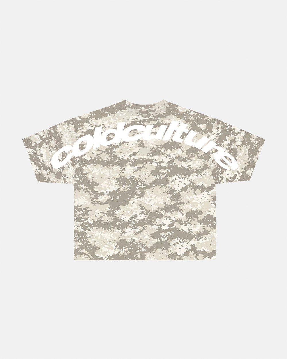 GROUND CURVED TEE GREEN - green digital camo tee, back view - Cold Culture #woman