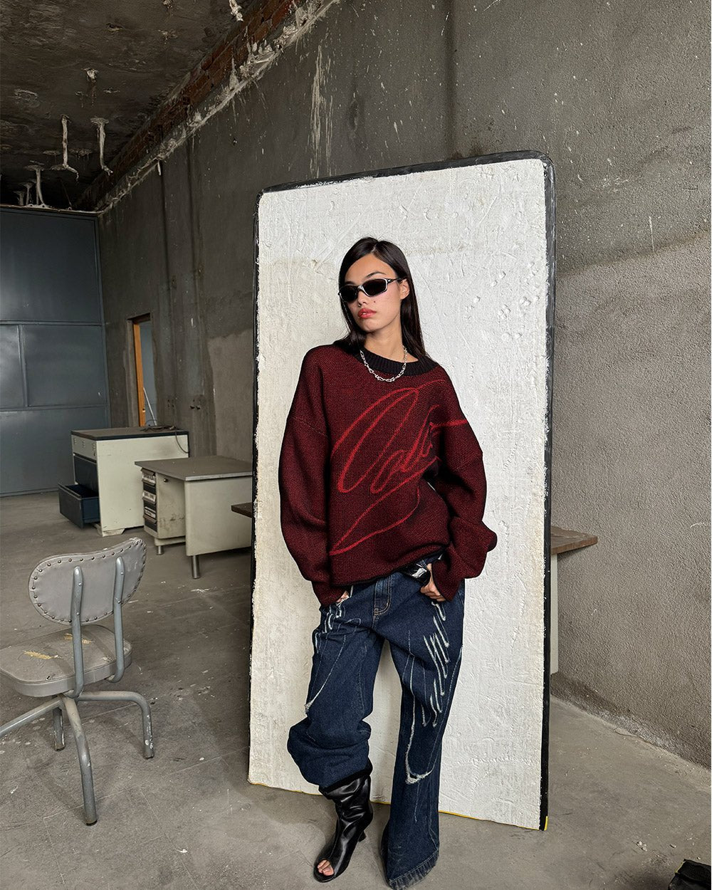 GRUBBY KNIT BLACK - black and red script knit sweater, street style shot - Cold Culture #woman