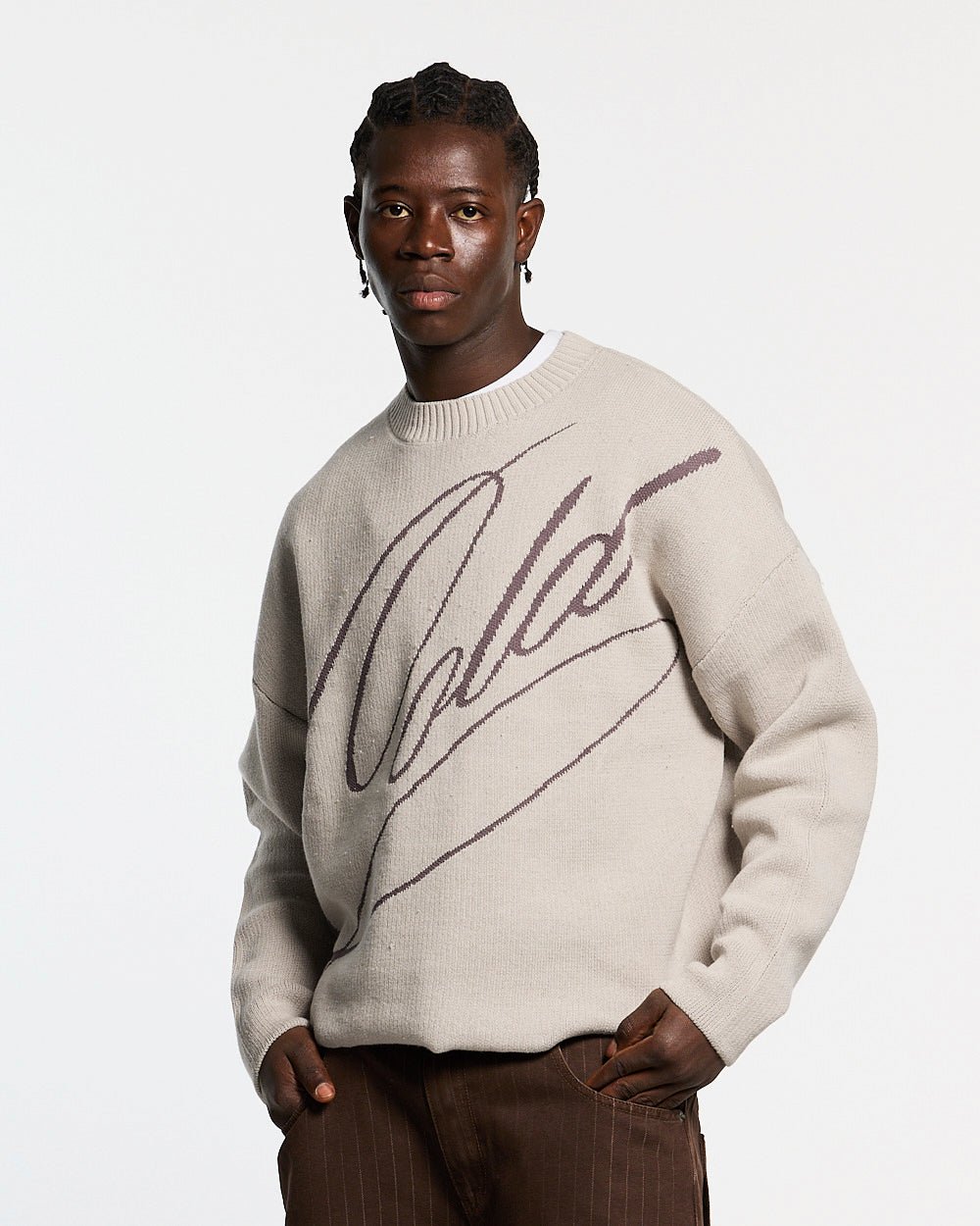 GRUBBY KNIT GREY - light grey script knit sweater, front view on male model - Cold Culture #man