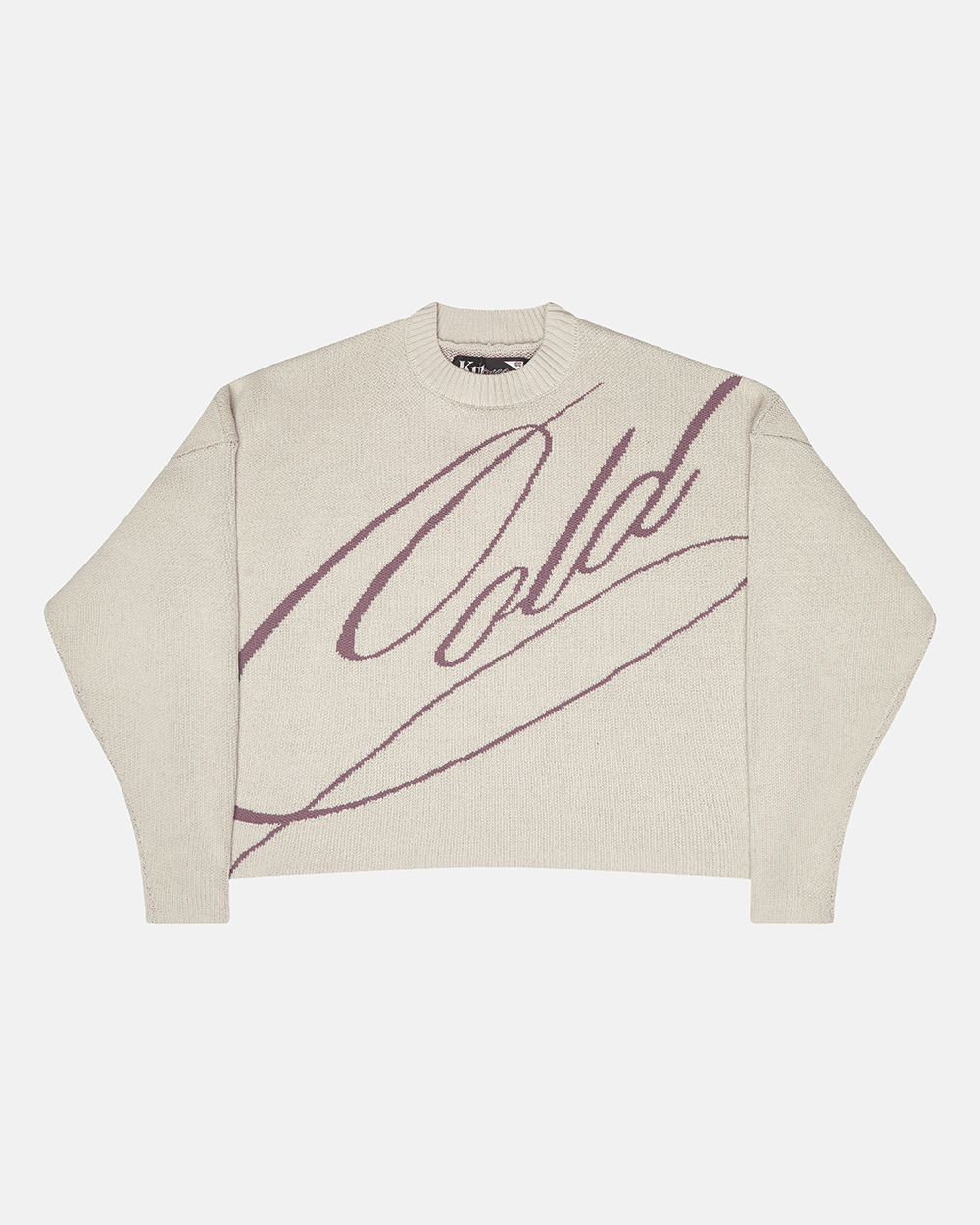 GRUBBY KNIT GREY - light grey script knit sweater, front view - Cold Culture #packshot
