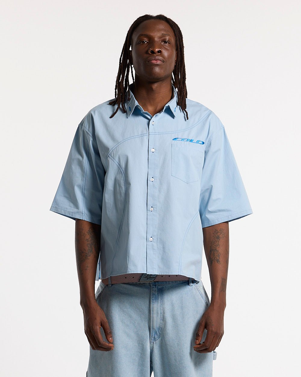 GUARDIAN SHIRT BREEZE BLUE - light blue short sleeve shirt, front view on male model - Cold Culture #man