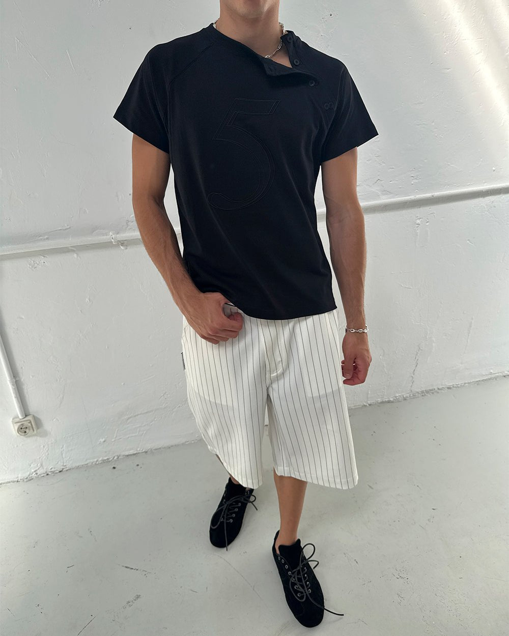 HARBOR JORTS WHITE - white pinstriped shorts, front view on male model - Cold Culture