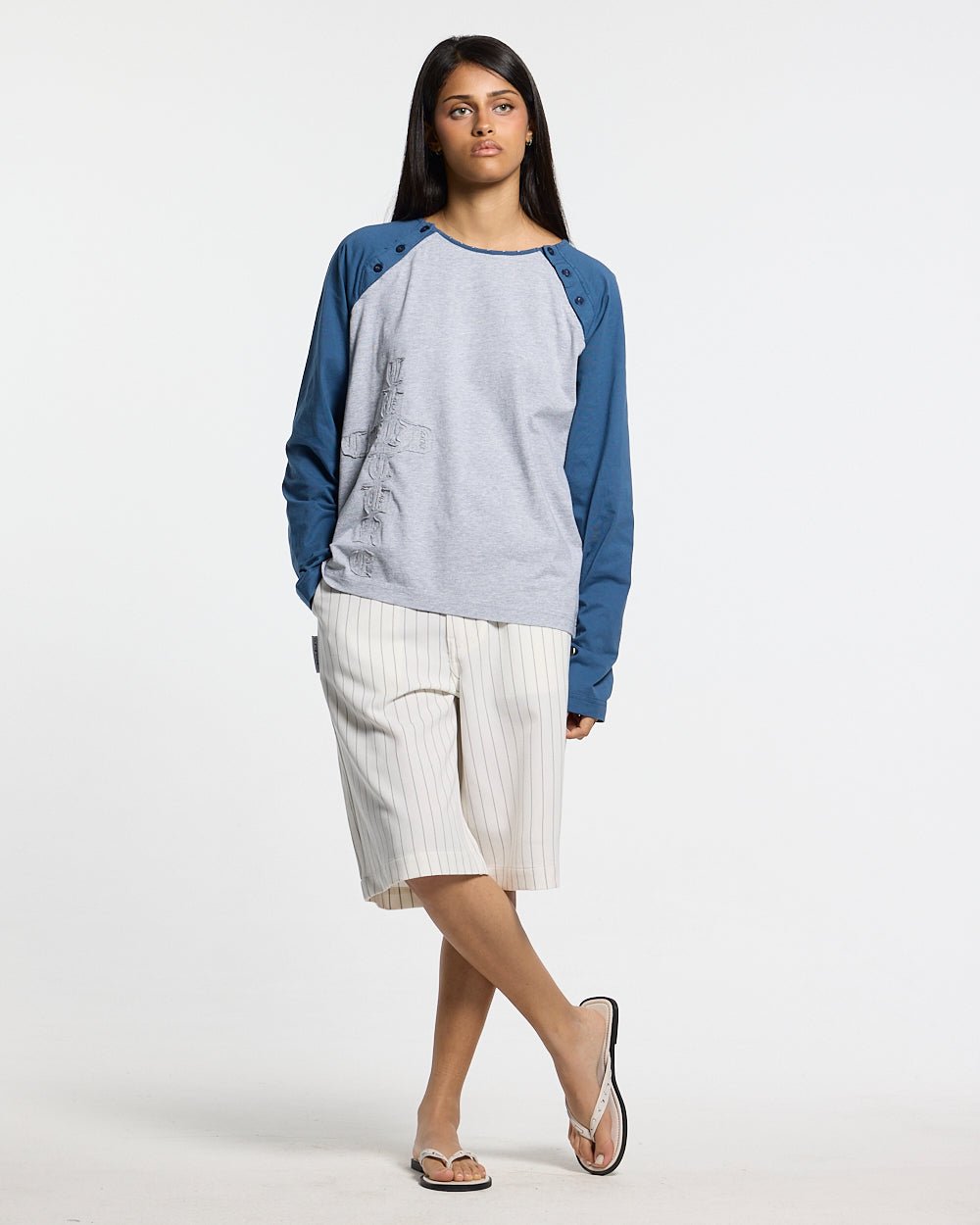 HARBOR JORTS WHITE - white pinstriped shorts, front view on female model - Cold Culture #woman