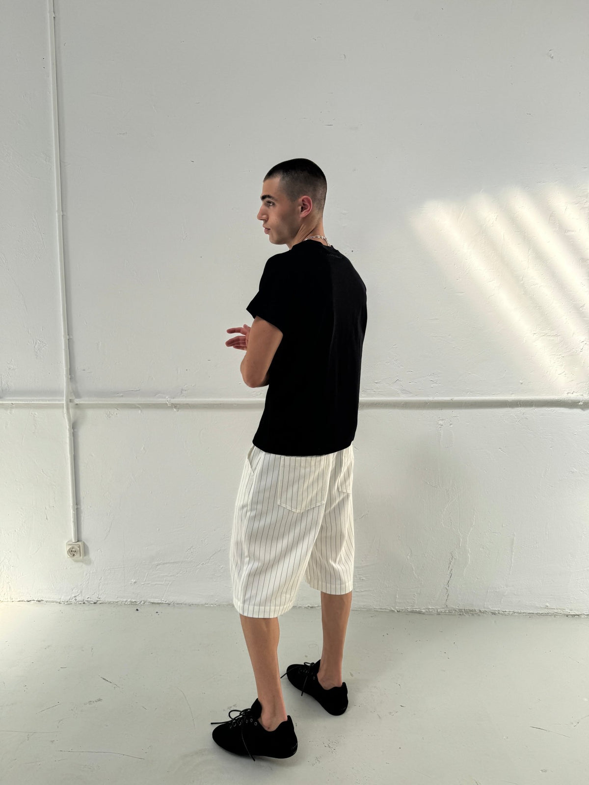 HARBOR JORTS WHITE - white pinstriped shorts, back view on male model - Cold Culture