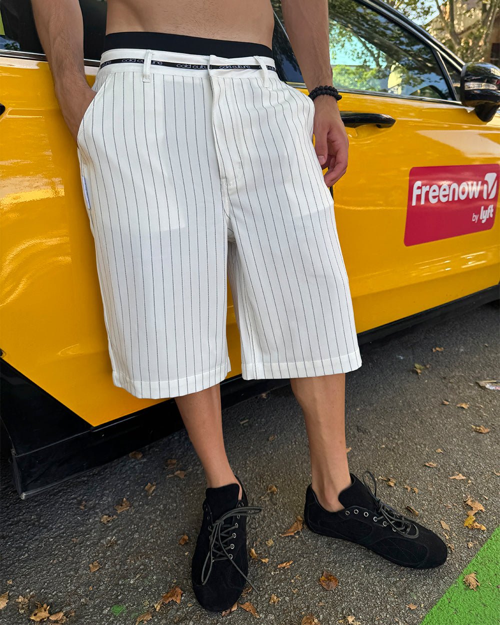 HARBOR JORTS WHITE - white pinstriped shorts, street style shot - Cold Culture