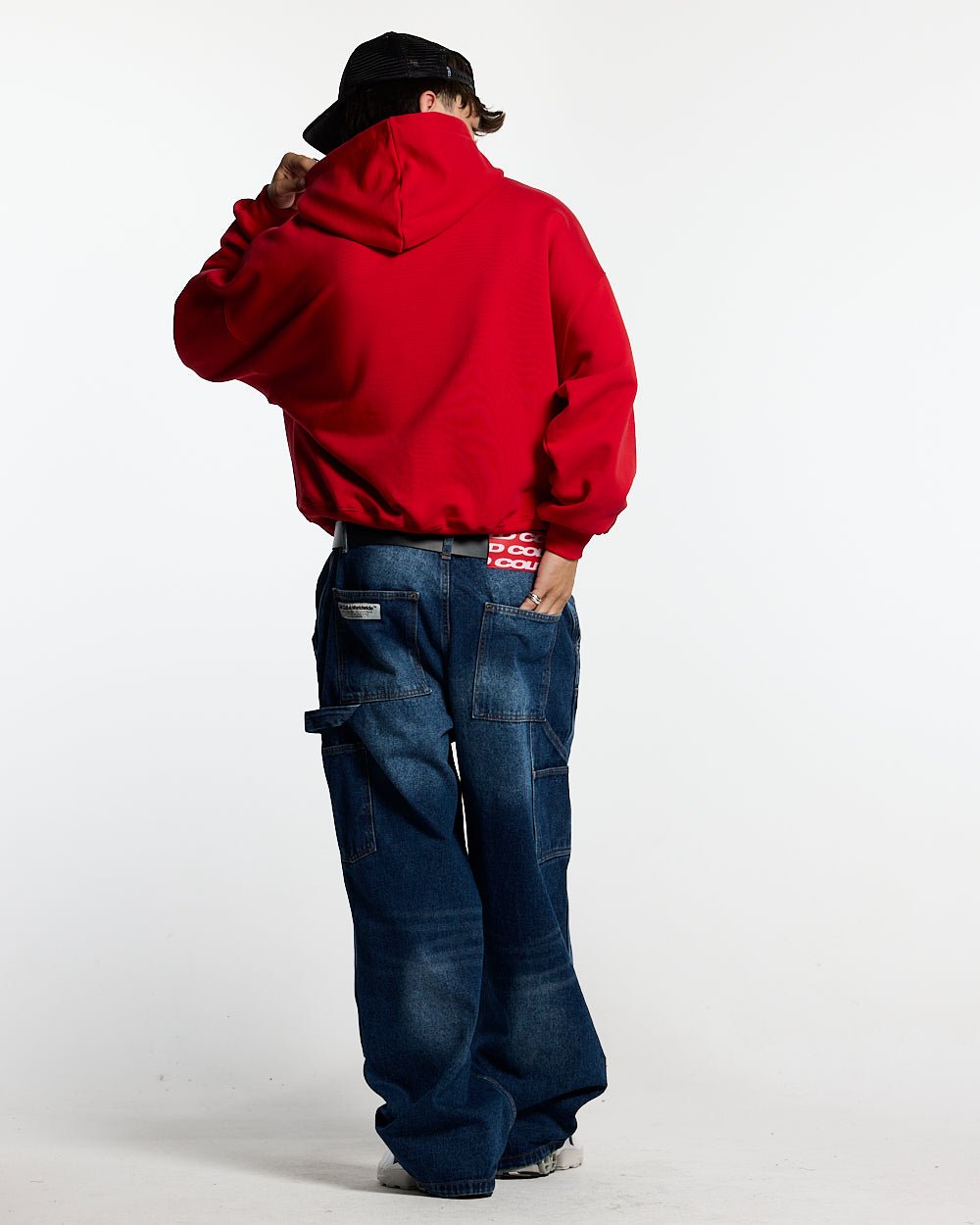 HARPER HOODIE OFF RED - red graphic print hoodie, back view on male model - Cold Culture