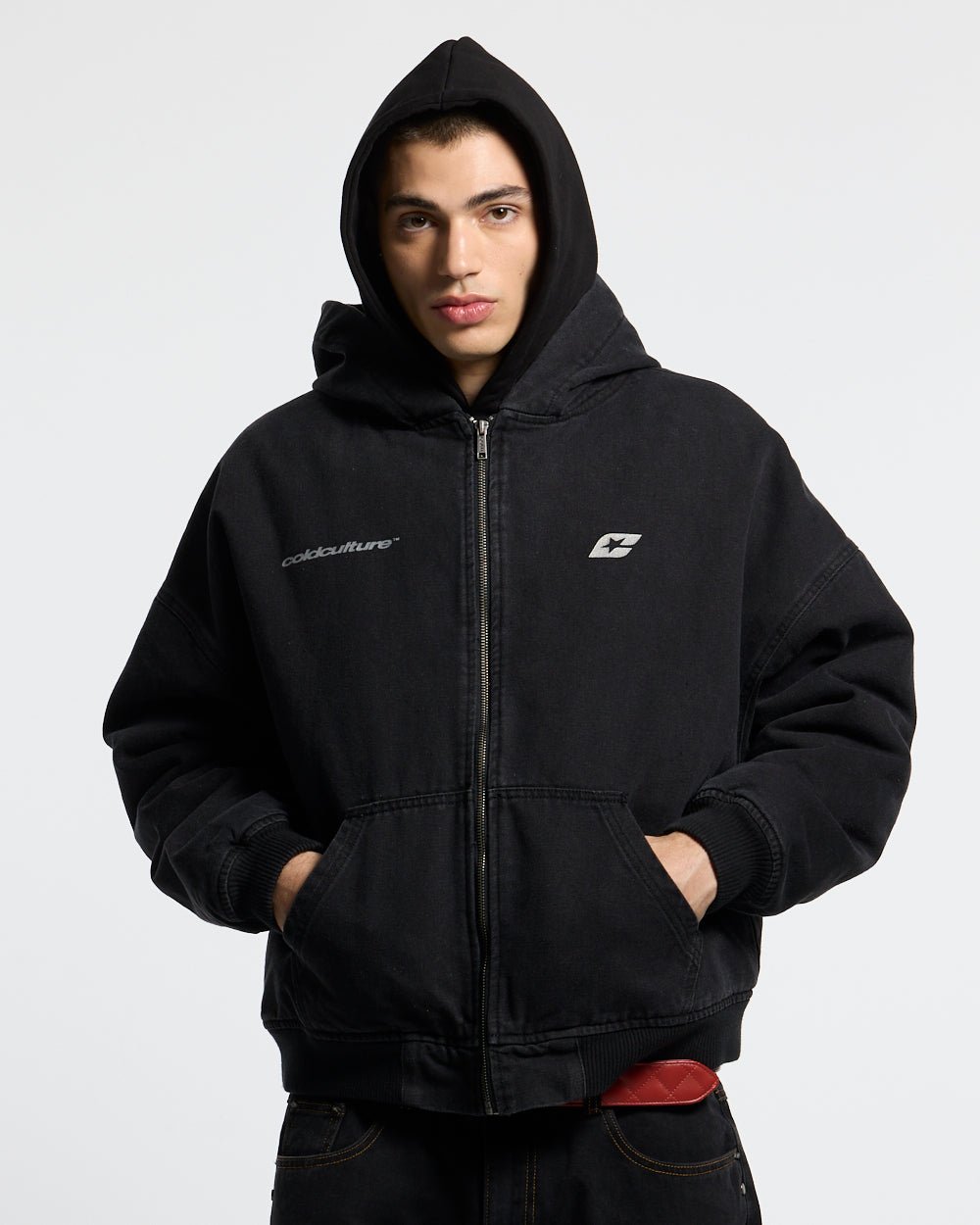 HARPER JACKET FADED BLACK DENIM - faded black denim jacket, front view on male model - Cold Culture #man