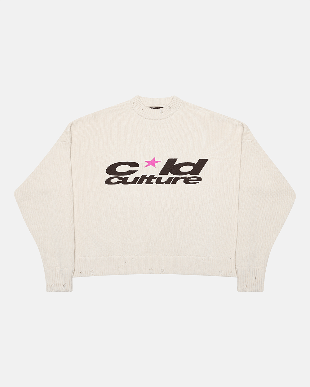 HARPER KNIT BEIGE & BROWN - beige graphic print knit sweater, front view - Cold Culture #packshot