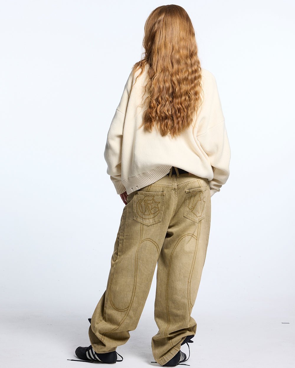 HARPER KNIT BEIGE & BROWN - beige graphic print knit sweater, back view on female model - Cold Culture #woman