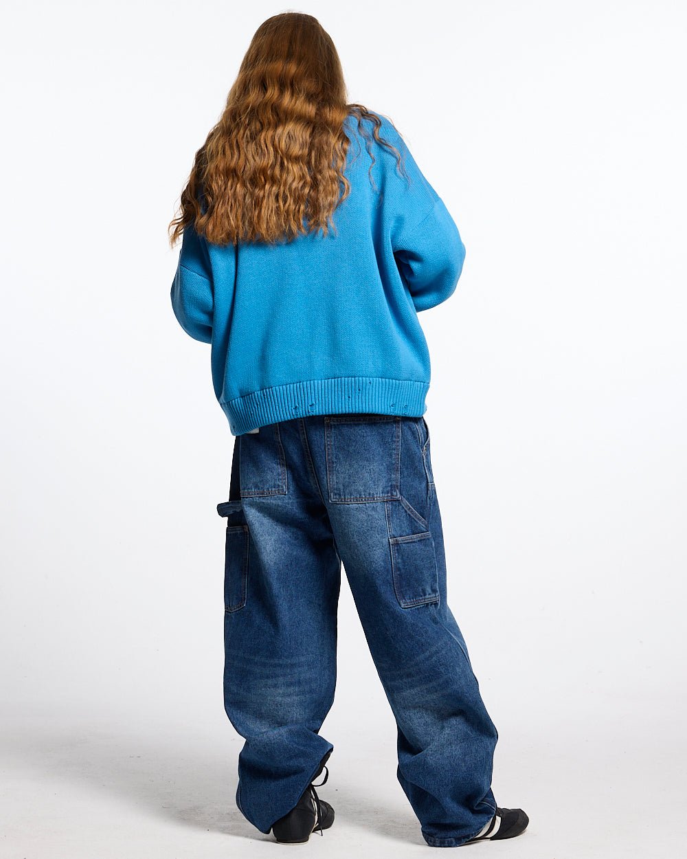 HARPER KNIT BLUE & WHITE - blue graphic print knit sweater, back view on female model - Cold Culture #woman
