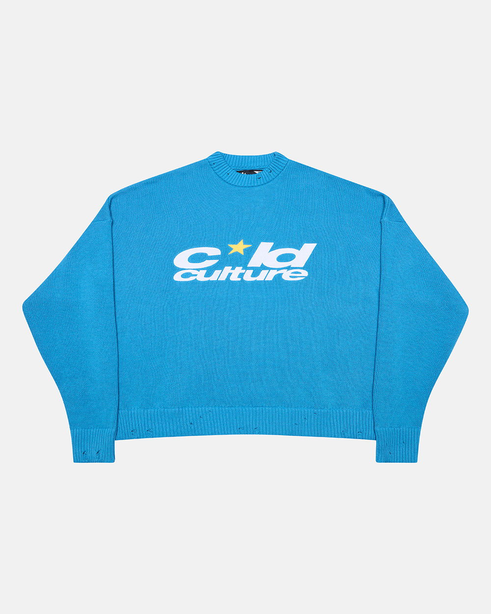 HARPER KNIT BLUE & WHITE - blue graphic print knit sweater, front view - Cold Culture #packshot