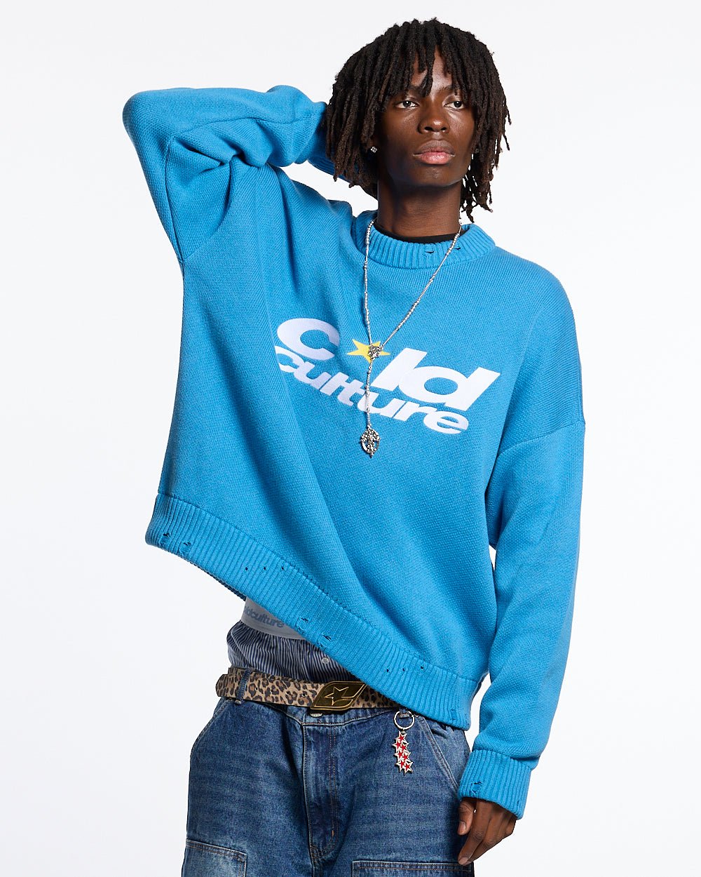 HARPER KNIT BLUE & WHITE - blue graphic print knit sweater, front view on male model - Cold Culture #man