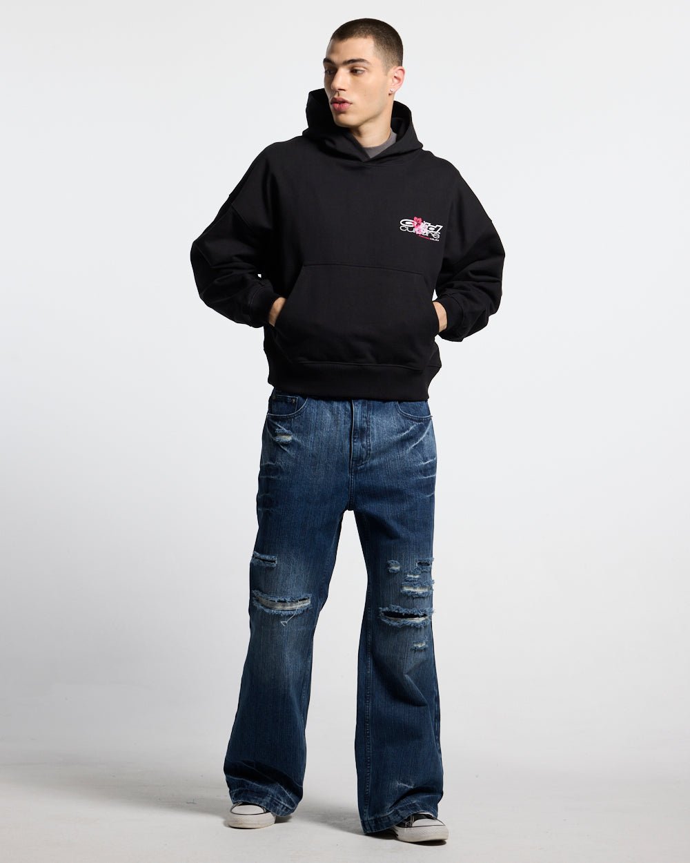 HAWAII CLUB HOODIE BLACK - black graphic print hoodie, front view on male model - Cold Culture #man