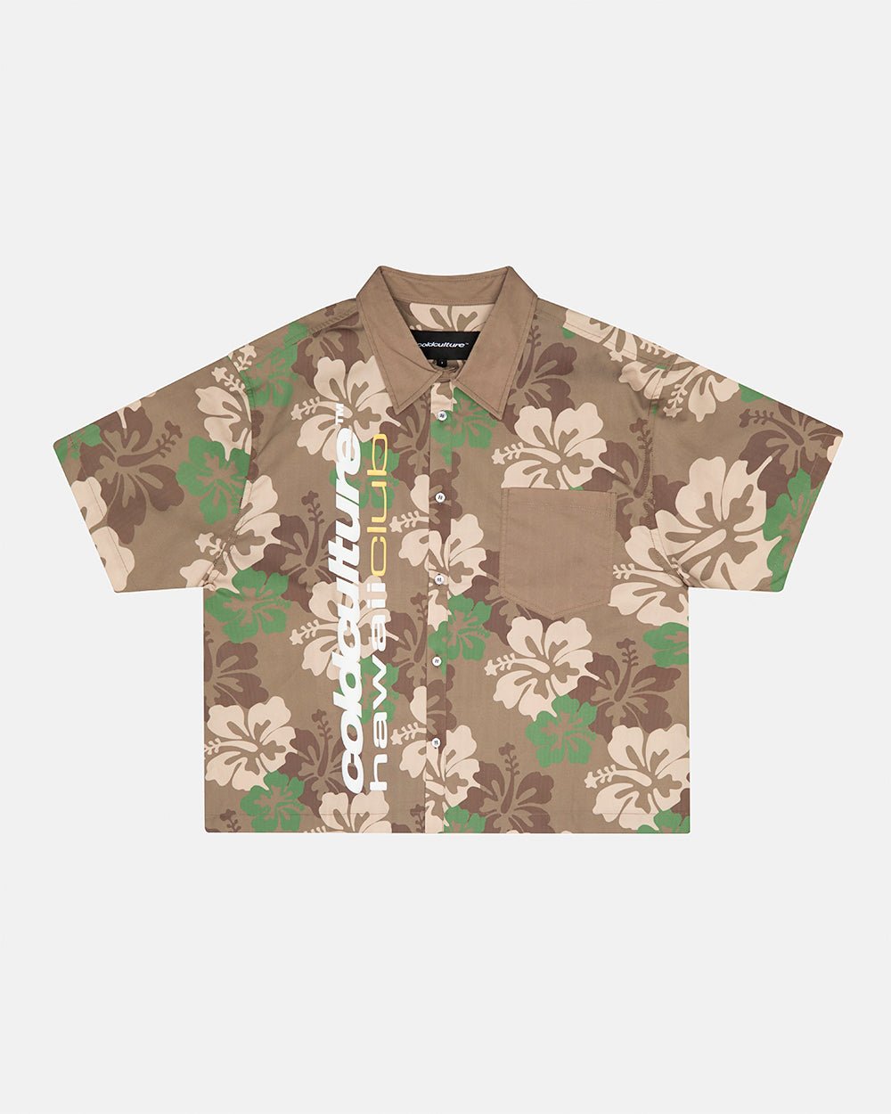 HAWAII CLUB SHIRT GREEN - green camo short sleeve shirt, front view - Cold Culture #packshot