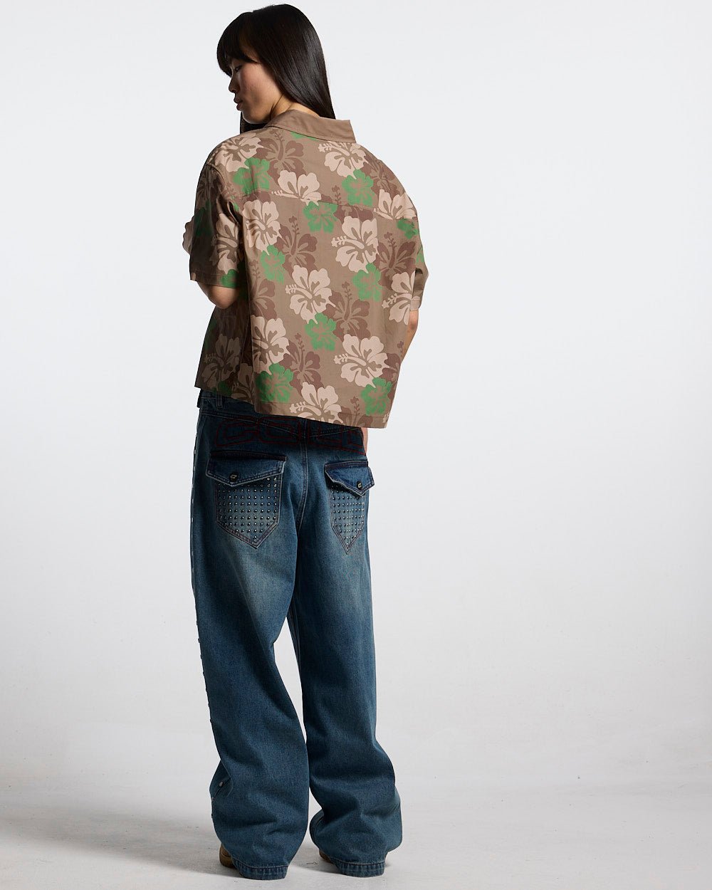 HAWAII CLUB SHIRT GREEN - green camo short sleeve shirt, back view on female model - Cold Culture #woman