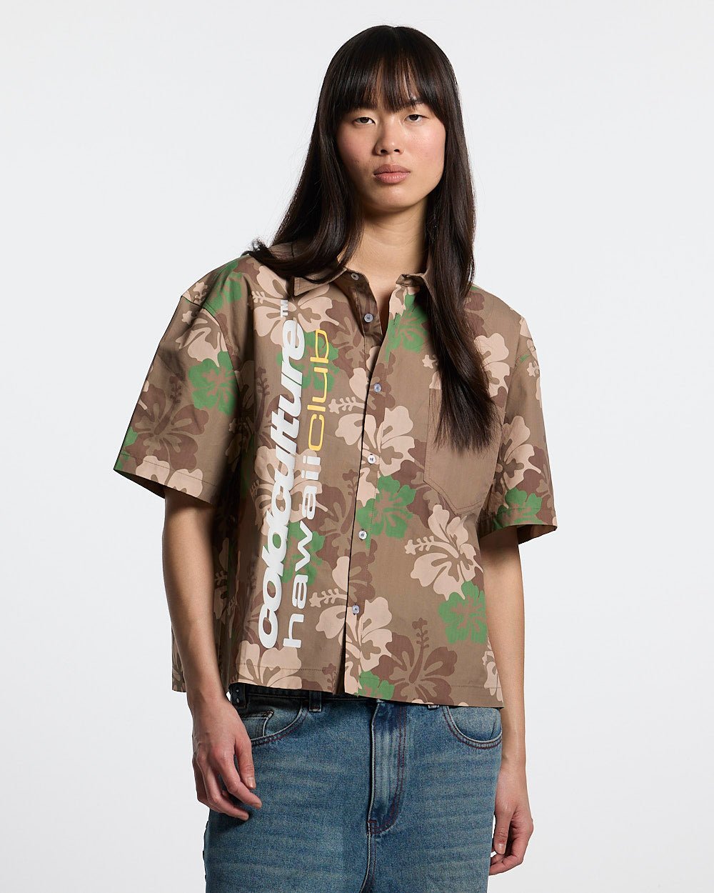 HAWAII CLUB SHIRT GREEN - green camo short sleeve shirt, front view on female model - Cold Culture #woman